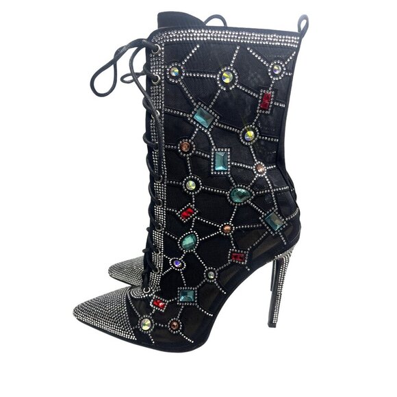 Azalea Wang Diamond Dream Lace Up Gem Black Mesh Jewel Booties Size 8 Ladies - Picture 3 of 16